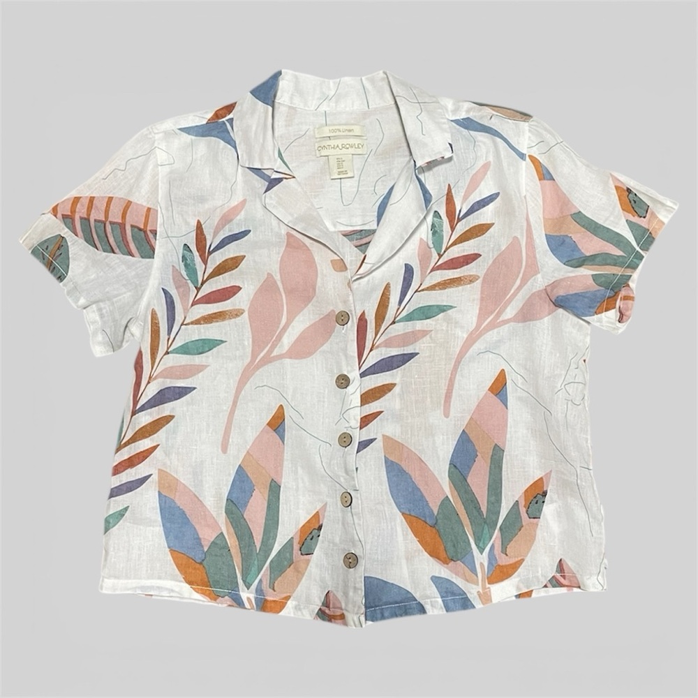 Cynthia Rowley 100% Linen Tropical Button Up Shirt S Cropped Leaf Print